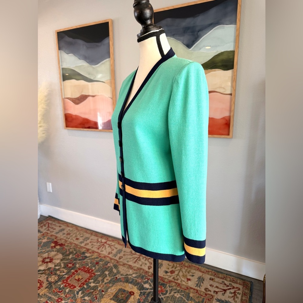 St. John Collection Mint Green Knit Blazer with Navy and Yellow Trim - Picture 4 of 7